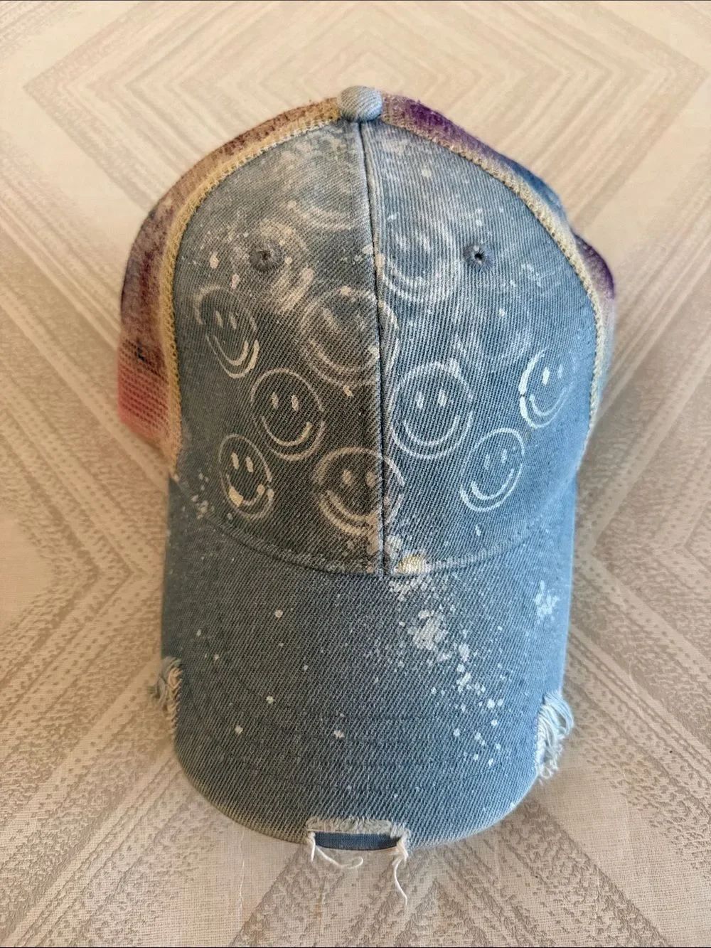 Handmade Distressed Denim Trucker Hat Smiley Face Paint Splatter Mesh Snapback